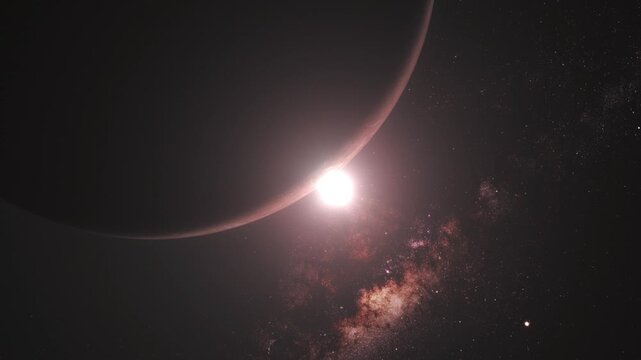 Planet eclipse view with bright sun shining on the edge of a big gas giant globe in dark space in 4K Ultra HD footage.
