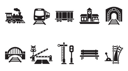 Railway and train station icon set, black silhouette railroad transportation symbols, 10 vector elements for logistics and travel maps © Muhammad