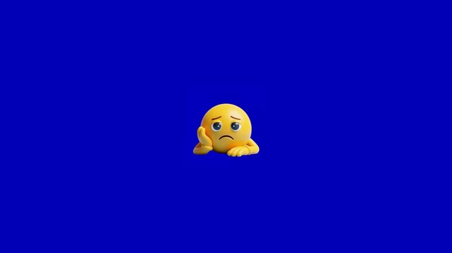 Three identical sad 3d emojis resting heads on hands against solid vibrant blue background with resting cheeks positioned video displays three disappointed symmetrical melancholy expression icon