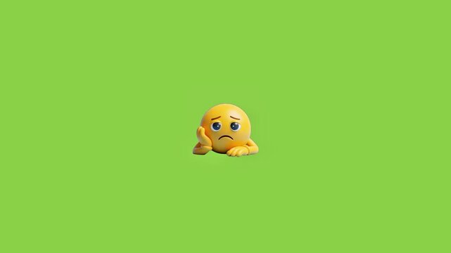 Sad yellow emojis resting heads on hands repeated across vibrant green background seamless horizontal pattern with video repetitive sequence against flat vibrant disappointment communication bored