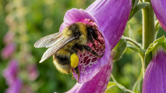 Bumblebee feeding inside a foxglove bloom with pollen baskets, fuzzy body, and translucent wings