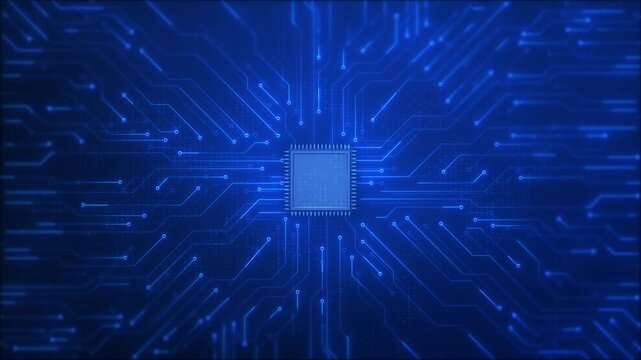 Blue microchip circuit background glowing processor core, connected electronic traces, deep digital depth. hardware semiconductor promos, AI technology intros, computing explainers, futuristic circuit