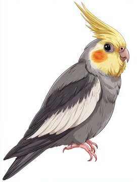 Grey Cockatiel Bird With Yellow Crest And Orange Cheeks Isolated On A Clean White Background