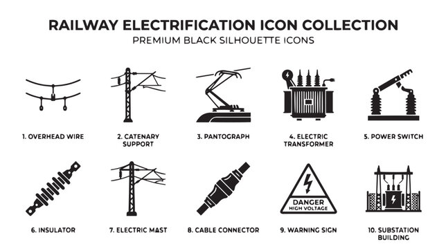 Railway electrification icon collection, 10 black silhouette icons of electric train infrastructure, power supply and catenary system vector set