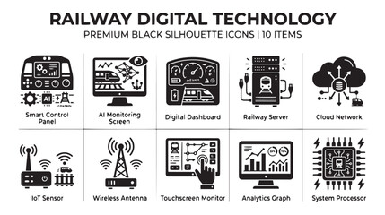 Obraz premium Railway digital technology icon set, 10 premium black silhouette icons for smart train systems, industrial IoT and railway automation vector graphics