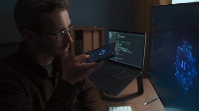 Close up of a man wearing glasses talking to an AI chatbot on a smartphone while working at a computer with artificial intelligence agent. Man using artificial intelligence assistant for work. 