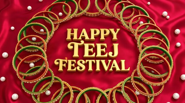 Happy Teej festival text with golden bangles and pearls on red silk cloth