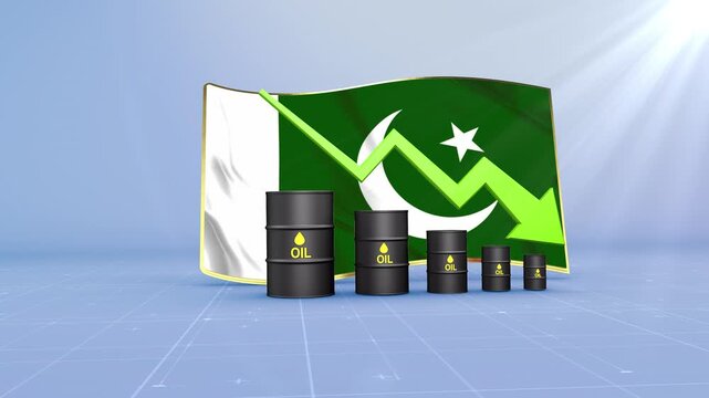 Pakistan Oil Price Falling with Oil Barrels Downward Green Arrow and 3D Financial Data Visualization Graphs for Economy and Business Concept