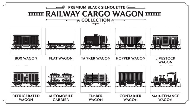Railway cargo wagon collection, 10 premium black silhouette freight train icons, industrial logistics transport vector set for shipping and rail industry