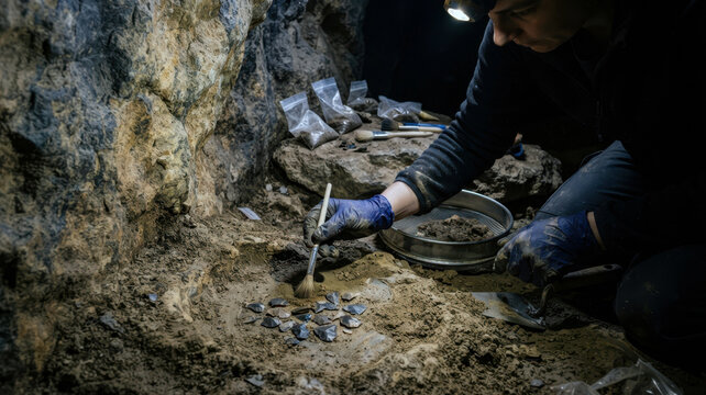 Archaeologist brushing sediment from tiny stone flakes in a cave shelter with trowel, sieve, sample bags, and headlamp glow.