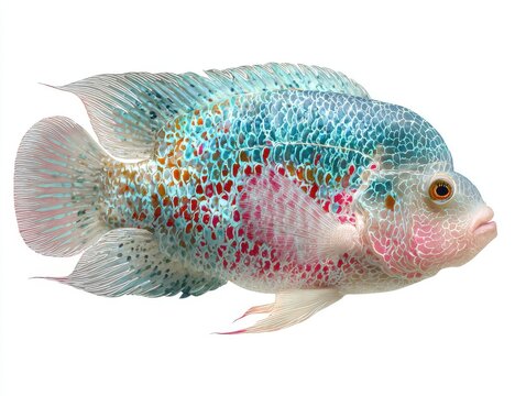 Vibrant Flowerhorn Cichlid Fish With Blue And Red Scales Isolated On Plain White Background Studio