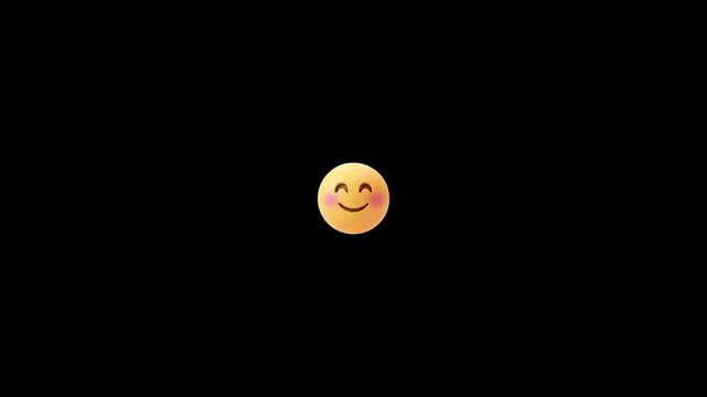 Three distinct yellow emoticons displaying various expressions of joy and contentment on solid black background with different smiling expressions emoticons blushing cheeks expressions against plain