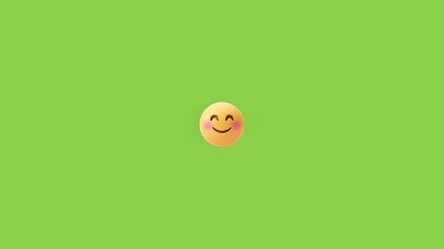 Three cute smiling emoticon characters floating across a solid bright green background minimalist digital animation with displays three distinct yellow smiling faces cheeks moving slowly expression