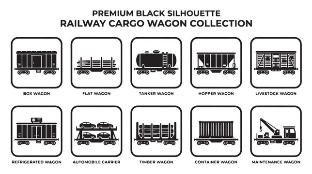 Premium black silhouette railway cargo wagon collection, set of 10 freight train icons, industrial logistics transport vector symbols
