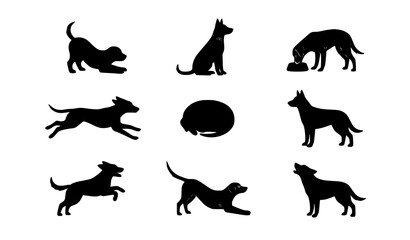 Obraz premium Flat Dog Behavior Vector Set Minimalist Canine Activities and Domestic Pet Action Poses Graphic Icons