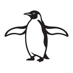 Minimalist black and white vector graphic illustration of a standing penguin with outstretched flippers isolated © MasumStock