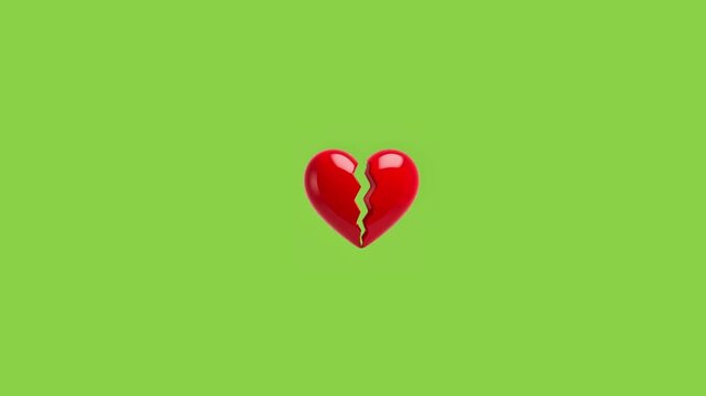Three glossy red broken heart icons floating against a solid bright green background surface with video displays three shiny red heart shapes split two pieces against vibrant lime