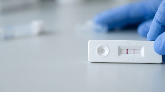 Gloved hand holding a positive rapid antigen test kit