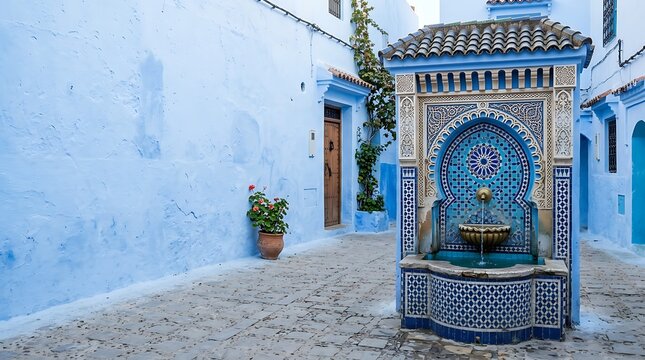Traditional moroccan tiled fountain in a blue city alleyway