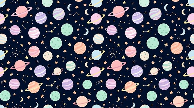 Seamless space pattern with pastel planets and twinkling stars