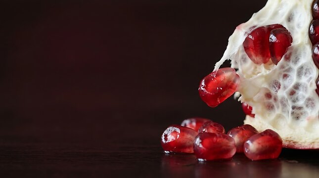 Juicy pomegranate seeds and fruit section on dark background