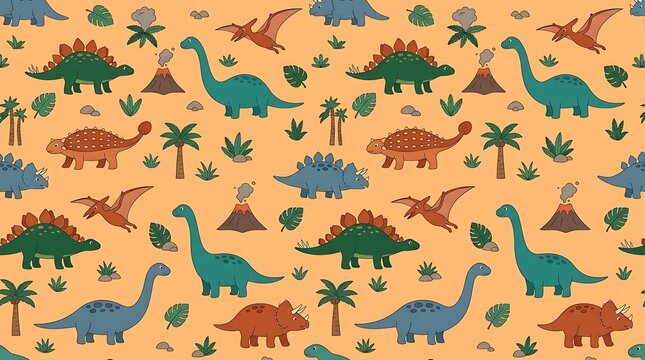 Seamless dinosaur pattern with volcanoes and palm trees on orange