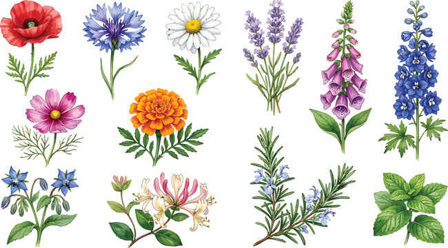 Collection of hand drawn watercolor garden flowers and herbs isolated on white background for botanical design and decoration