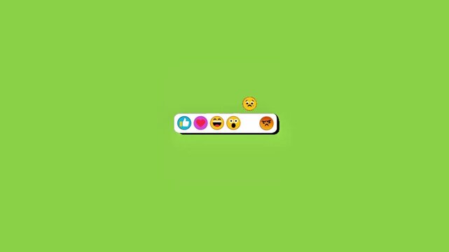 Animated social media reaction bar floating across a solid bright green screen background backdrop with video horizontal reaction background simple clean clean graphic animation