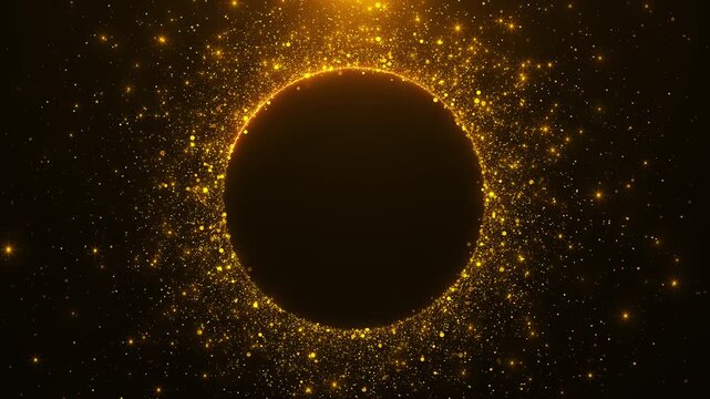 Golden sparkle ring background dark circular center, glitter particles, and elegant luxury glow. for award festive intros, wedding titles, premium brand reveals, celebration overlays, cinematic