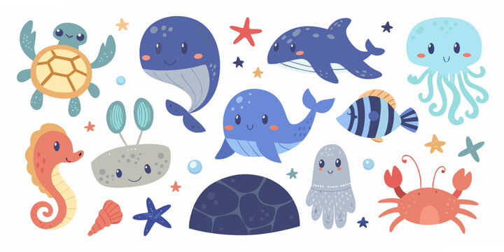 Cartoon sea creatures illustration with whales turtles and jellyfish