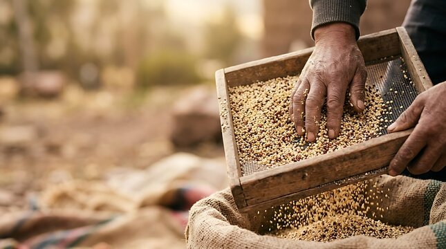 Farmer sifting fresh organic grains into a burlap sack outdoors