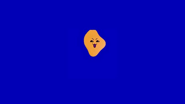Animated orange blob characters floating across vibrant solid blue background motion graphic with drifting horizontally against amorphous shapes expressive video displays three
