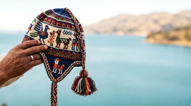 Elderly hand holding traditional knitted andean hat overlooking lake