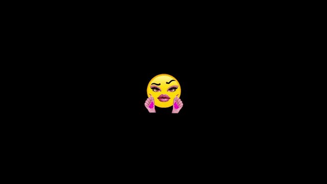 Repeating pattern of glamorous yellow emoticon faces making hand heart gestures across black background with displays horizontal scrolling scrolling sequence stylized expression