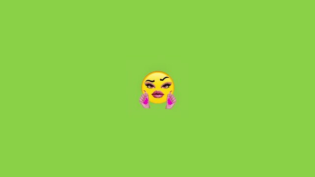 Animated emojis displaying heart hand gestures against solid bright green background screen with stylized facial performing gestures while repeating repeating across vibrant fun