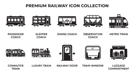 Premium railway icon collection, 10 black vector train symbols, passenger and sleeper coach silhouettes, metro and commuter rail transportation graphics © Rehana