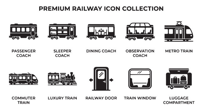 Premium railway icon collection, 10 black vector train symbols, passenger and sleeper coach silhouettes, metro and commuter rail transportation graphics