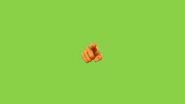 Three cartoon hands pointing forward against a solid bright green background studio motion graphic with background smooth lighting identical stylized orange video displays three