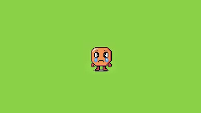 Pixel art crying orange character repetitive pattern design against solid green background with displays repeating pattern character sad expression small orange pixelated gaming