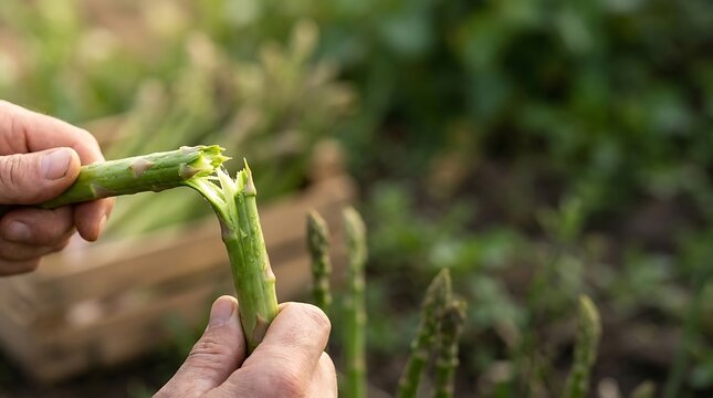 Hands snapping a fresh green asparagus spear in an organic garden