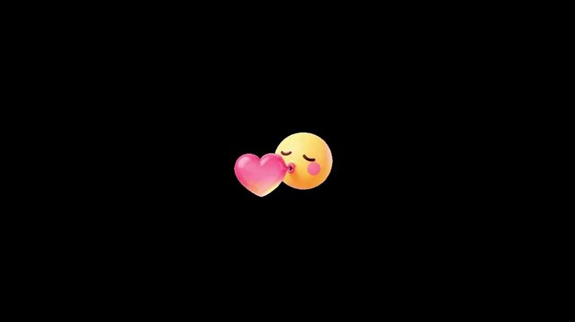 Three identical yellow emoticon faces blowing kisses floating across a solid black background with blushing cheeks blowing video displays three closed eyes blushing expression