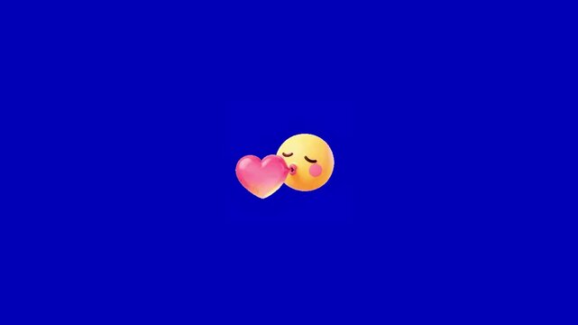 Three yellow kissing emojis floating across a solid vibrant blue background in minimalist style with symbols isolated against puckered lips blowing closed eyes puckered romantic