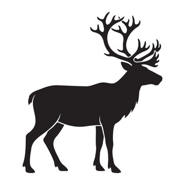 Detailed black silhouette vector illustration of a majestic reindeer standing firmly against a clean white background