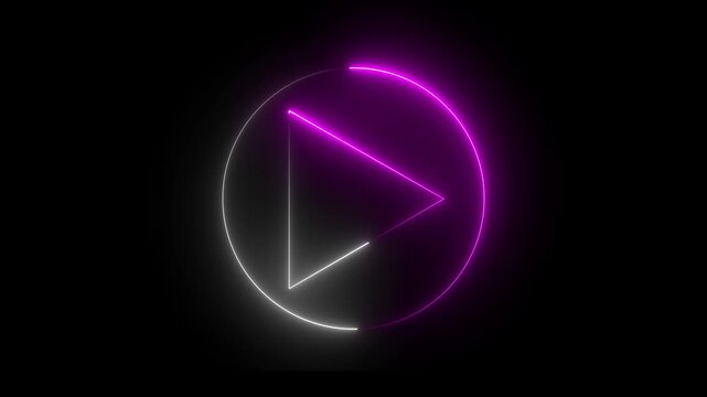Video, audio neon play button icon animation. glowing play button animation. Press to play. Music play button icon animation in glowing neon pink circle and press icon animation.