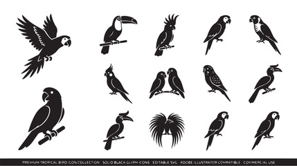 Tropical bird icon collection, 14 black silhouette vector illustrations of parrots and toucans, exotic jungle bird set for logo design © Rehana