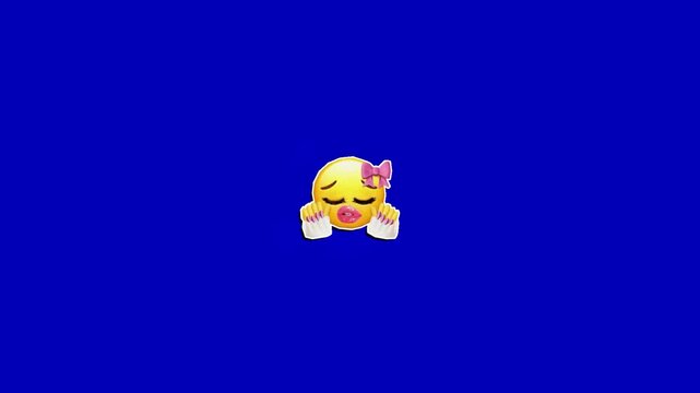 Row of cute yellow emoji faces with pink bows and manicured hands on blue background with video displays horizontal closed eyes manicured hands placed against communication art