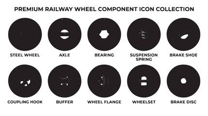 Premium railway wheel component icon collection, set of 10 industrial train part vector silhouettes, black steel wheel and axle engineering symbols © Rehana