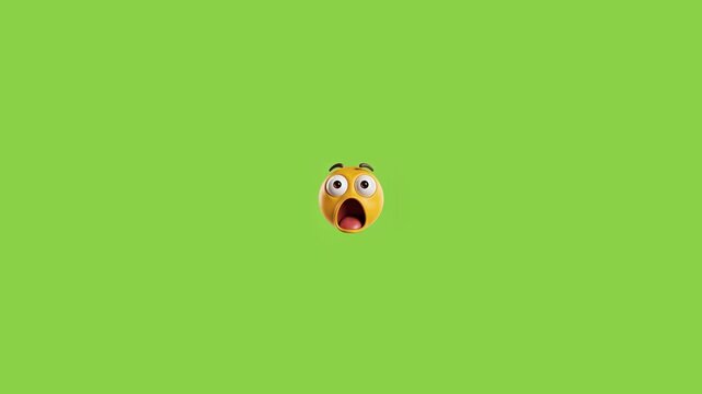 Three identical surprised yellow emoji faces floating against a solid green background screen with expressing surprise against video displays horizontal open mouths with row three