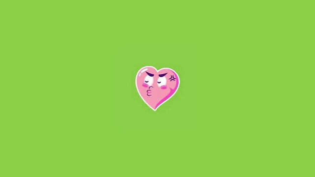 Animated pink hearts expressing frustration and kisses against a solid green background with repeating kissing frustrated heart characters expressive frustrated gesture bright