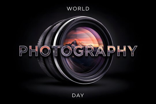 World photography day concept with camera lens and sunset view, photography